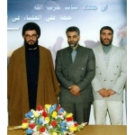 احمد کاظمی در کنار شهید سلیمانی و حسن نصرالله | منبع: دانشنامه اسلامی